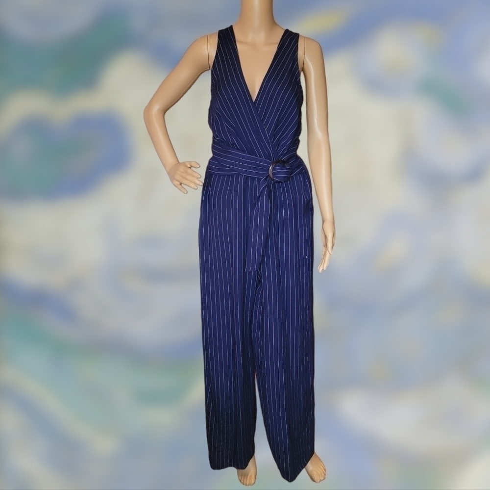 Flying Tomato Womens Small Blue Pinstripe Pantsuit Jumper Romper pockets T41